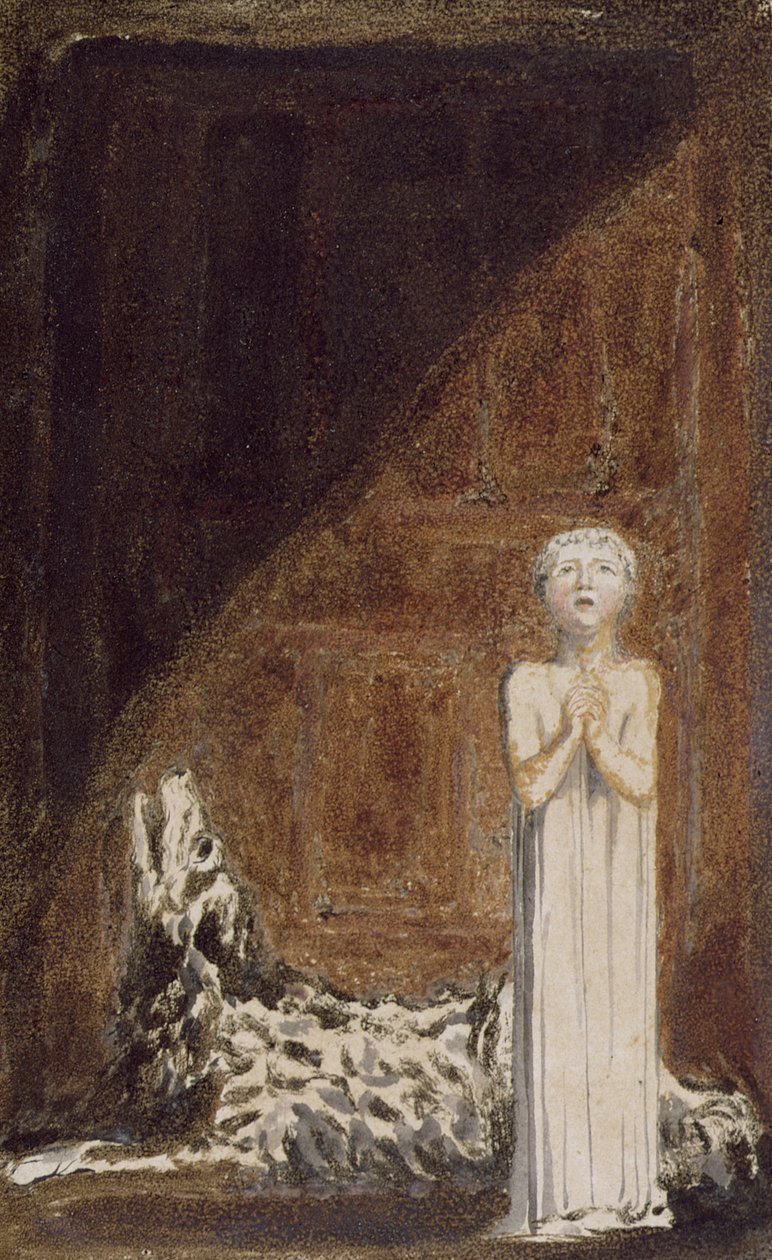„Egy fiú hosszú ruhában, összekulcsolt kézzel áll egy kutya mellett”, 25. tábla az „Urizen első könyvéből”, 1794 (színnyomásos domborművés tintával és wc-vel, papíron) alkotó: William Blake