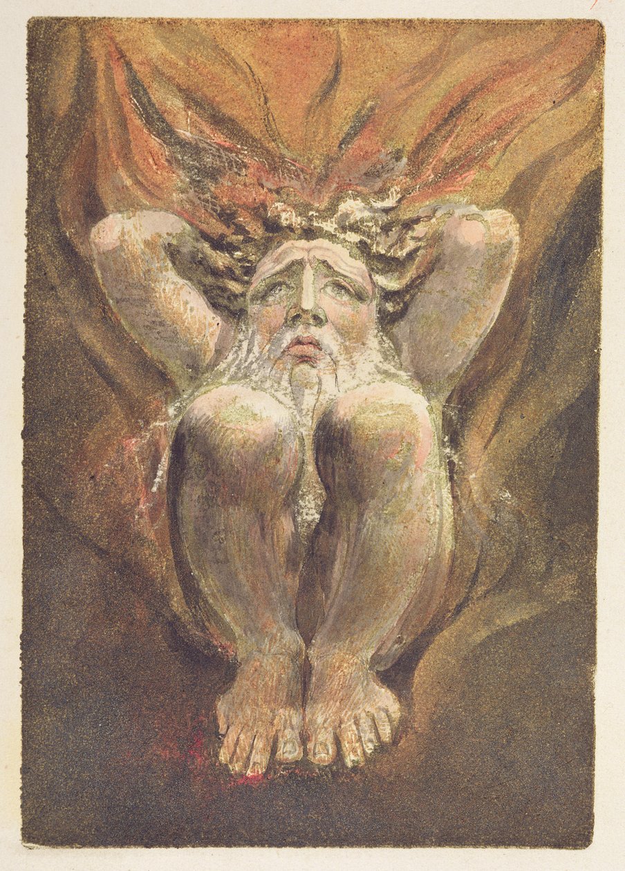 „Egy meztelen férfi a lángokban kuporgott, kezével a feje mögött”, 21. lemez az „Urizen első könyvéből” alkotó: William Blake