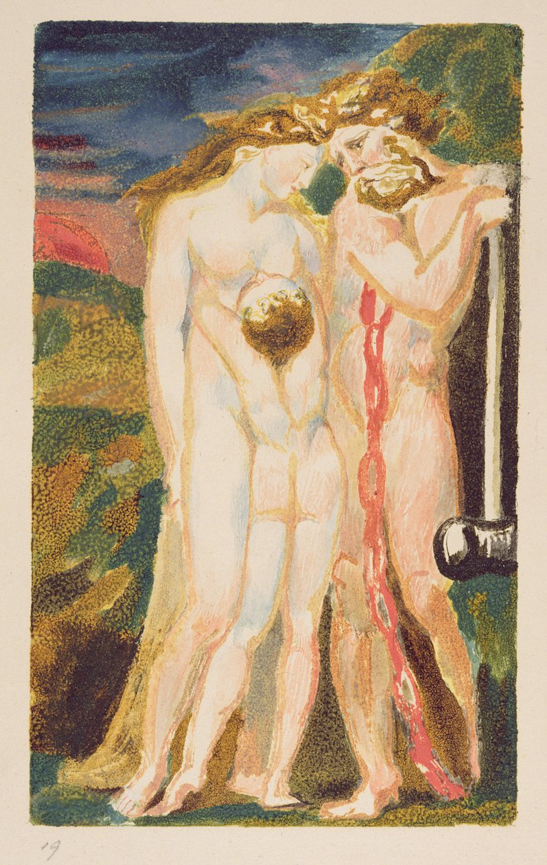 Egy meztelen nő, aki lenéz egy félig felnőtt fiúra, 18. lemez az „Urizen első könyvéből” alkotó: William Blake