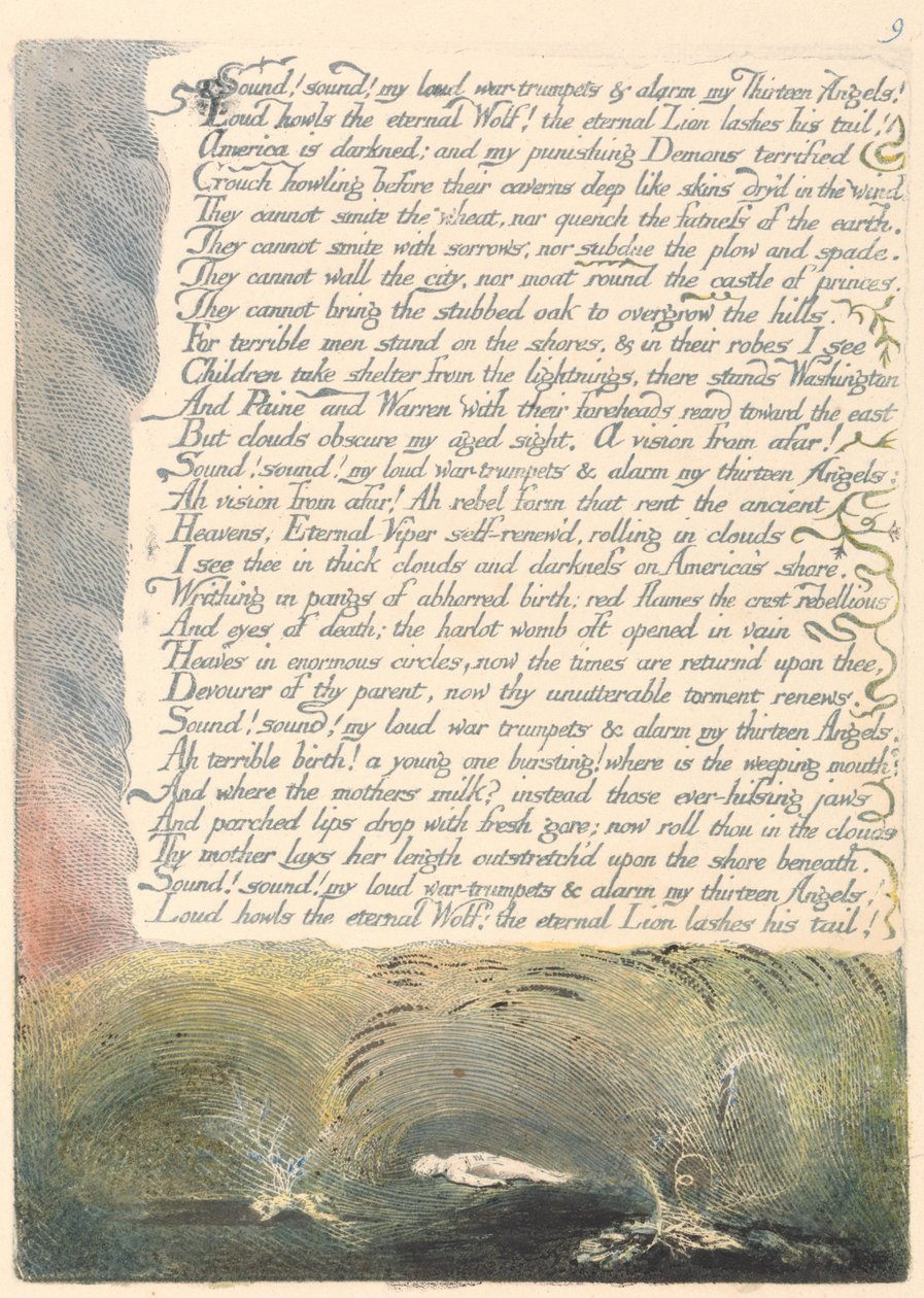 Amerika. Egy prófécia, 11. lemez, hang! Hang! Hangos háborús trombitáim ... alkotó: William Blake