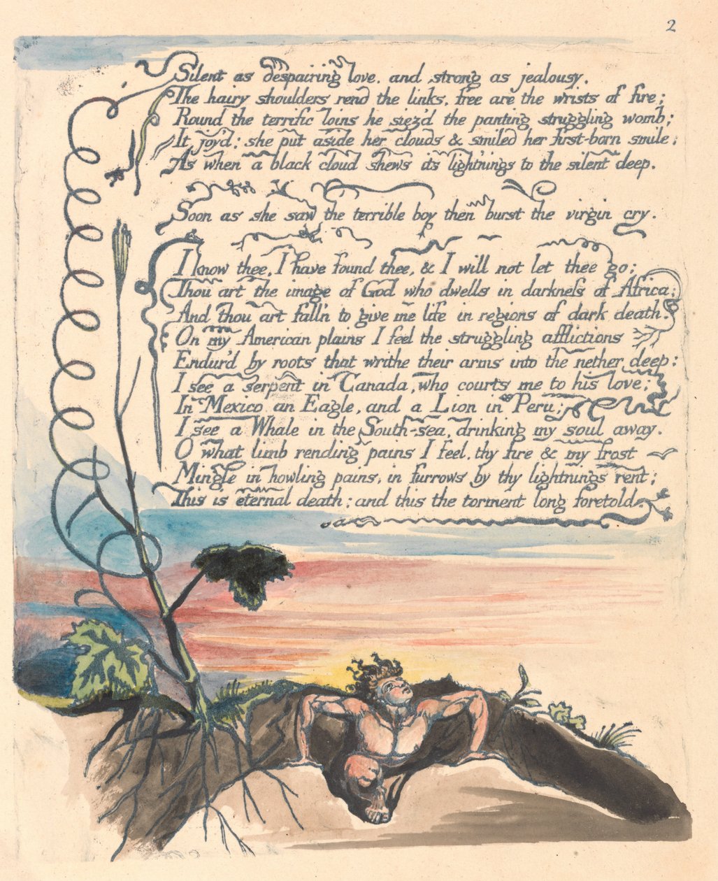 Amerika. Egy prófécia, 4. tábla, Csendes, mint a kétségbeejtő szerelem... alkotó: William Blake