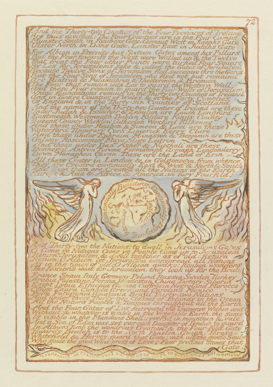 „És a harminckét megye...”, 72. tábla a „Jeruzsálemből” (Bentley E másolat) 1804-20 (domborműves rézkarc tollal és akvarellel papíron) alkotó: William Blake