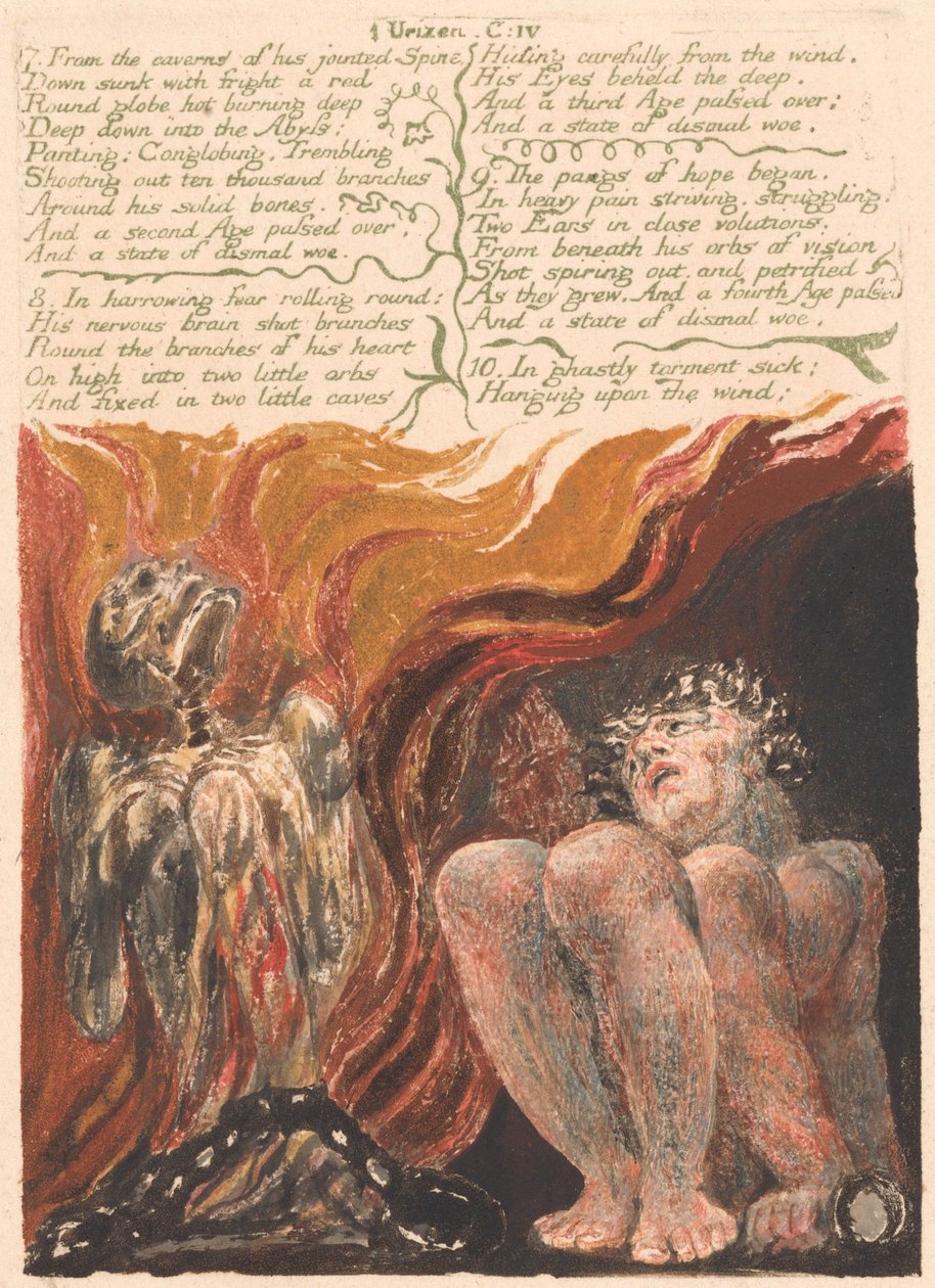 Urizen első könyve, 10. tábla, "7. Összekötött gerincének barlangjaiból...." (Bentley 11) alkotó: William Blake