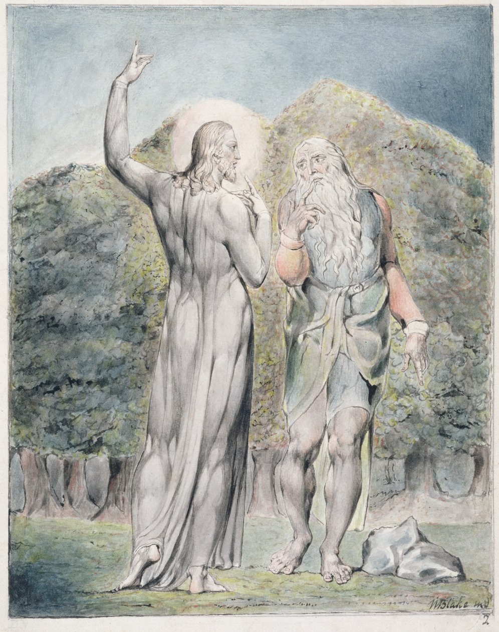 Krisztust, akit a sátán megkísért, hogy a köveket kenyérré alakítsa, illusztráció a „Visszaszerzett paradicsomból”, John Milton, 1816-1818 körül (toll és tinta, szürke mosás és WC papíron) alkotó: William Blake