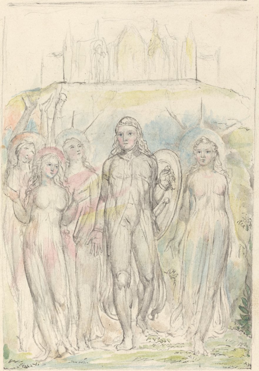 Keresztény a hit pajzsával, búcsút vesz társaitól alkotó: William Blake