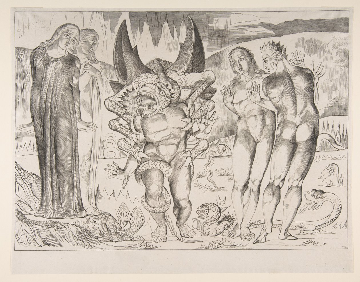 Tolvajok köre: Agnello Brunelleschit megtámadta egy hatlábú kígyó, Dan..., kb. 1825-27. alkotó: William Blake