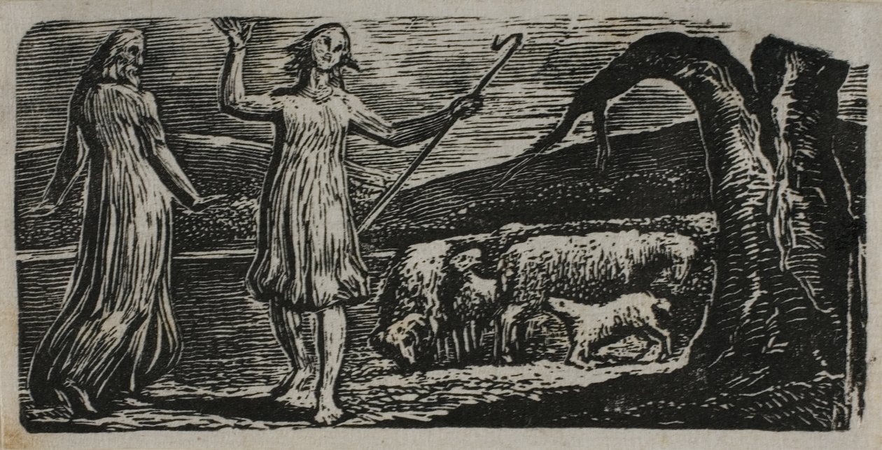 Colinet szomorúan távozik: Jobbra hasított törzs, a Vergilius pásztoraiból alkotó: William Blake