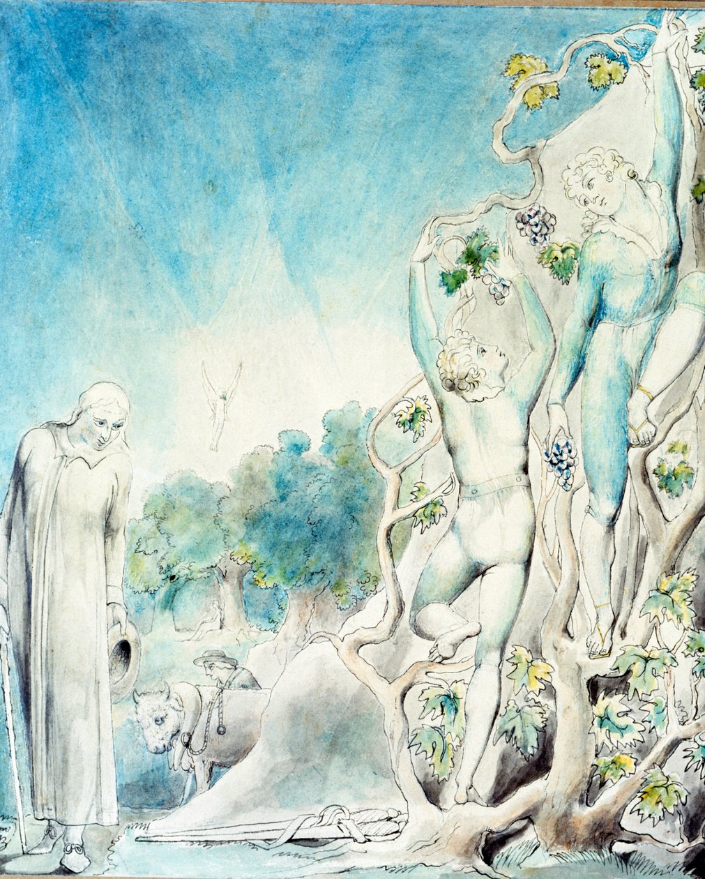 Comus találkozik az egyik testvérrel, aki éppen gyümölcsszed, hogy megetesse Ladyt. 19. század (akvarell) alkotó: William Blake