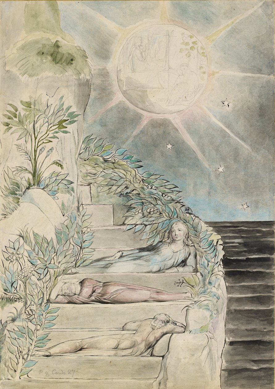 Dante és Statius alszik, Vergilius az „Isteni színjáték” illusztrációját nézi, Purgatorio XXVII, alkotó: William Blake