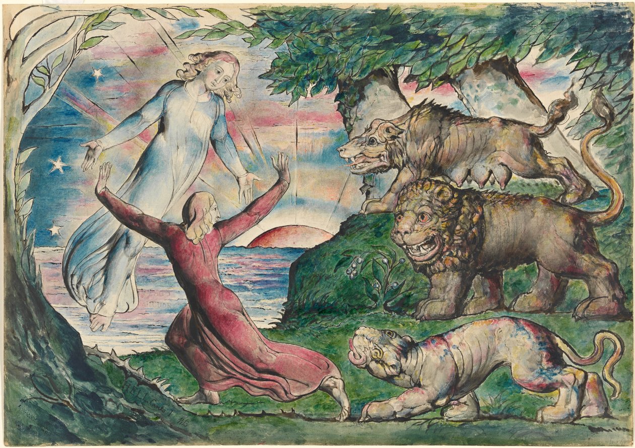 Dante elfut a három vadállat elől alkotó: William Blake