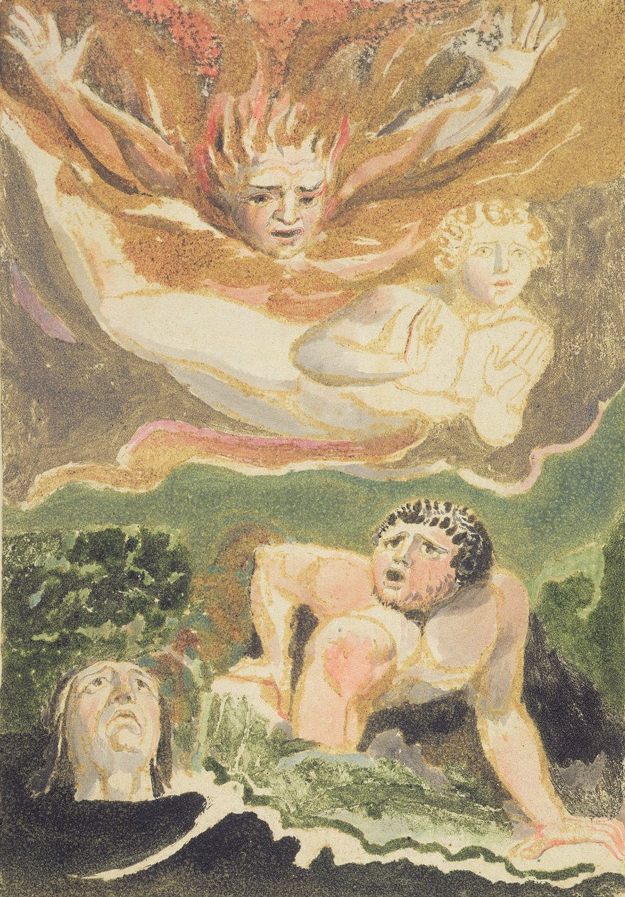 Négy meztelen férfi kiemelkedik elemeikből, 4. tábla az Urizen első könyvéből, 1794 (színes domborműves tintával és wc-vel) alkotó: William Blake