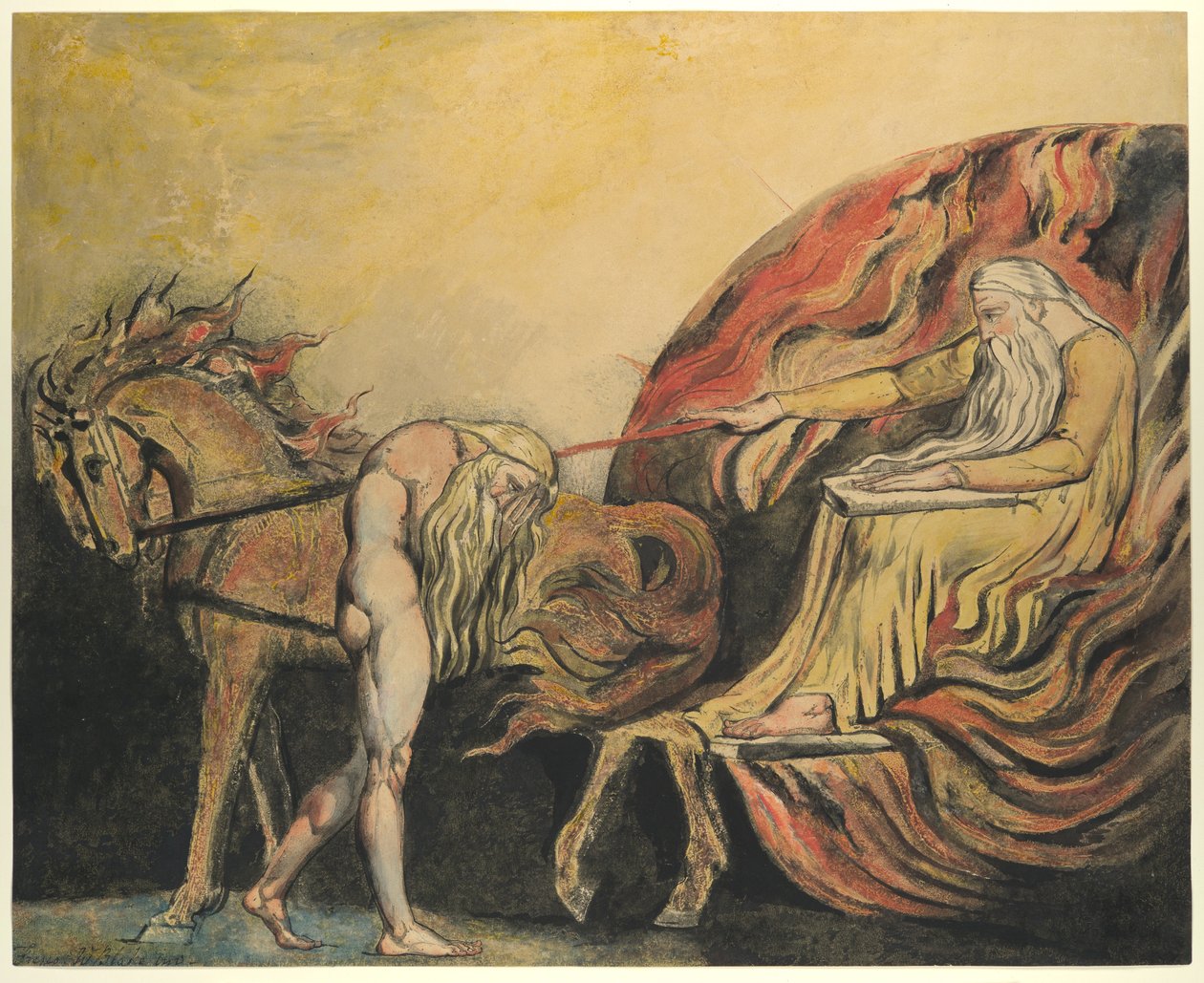 Isten ítélő Ádám, 1795 körül (színes rézkarc tollal, tintával és akvarellel) alkotó: William Blake