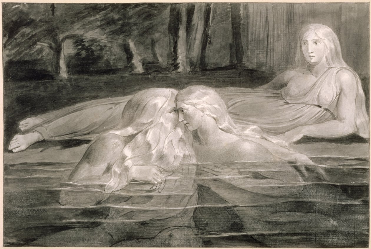 Har and Heva Bathing, Mnetha Looking On, 1785-89 körül (ecset, tinta és mosás papíron) alkotó: William Blake