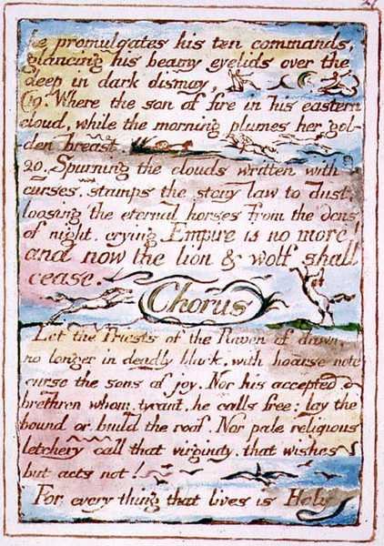 "Kihirdeti a tíz parancsát...", szöveg "A menny és a pokol házassága" c. 1790-3-ból (domborműves tollal és akvarellel befejezve) alkotó: William Blake