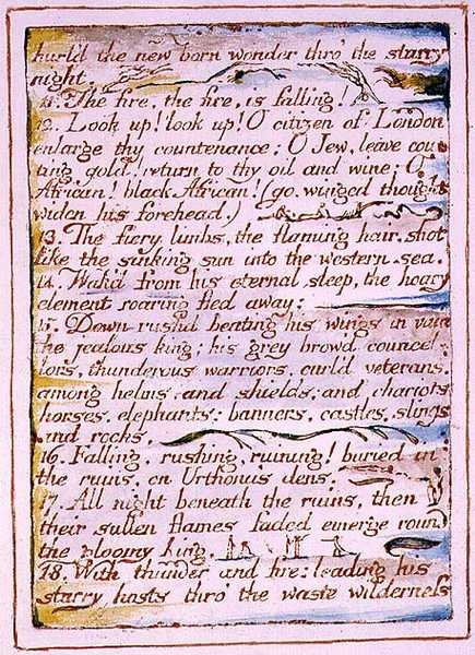 "Hurled the newborn csoda through" the starry night", szöveg a "A menny és a pokol házassága" c.1790-3-ból (domborműves rézkarc tollal és akvarellel befejezve) alkotó: William Blake