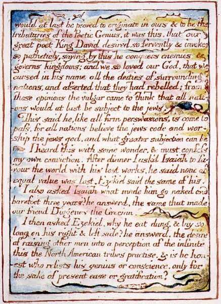 "Végre bebizonyosodik, hogy származom...", szöveg és illusztráció a Mennyország házasságából, 1790-1793 körül (domborműves tollal és akvarellel befejezve) alkotó: William Blake