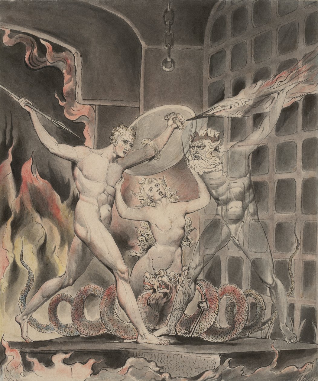 2. illusztráció Milton "Elveszett paradicsomához": Sátán, bűn és halál: Sátán eljön a pokol kapuihoz, 1807 alkotó: William Blake
