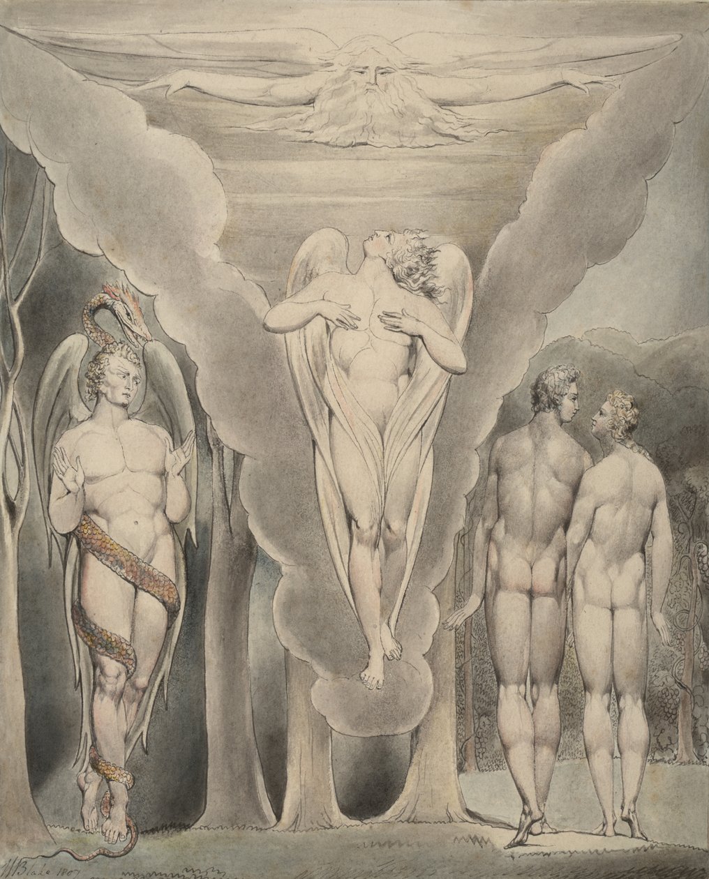 4. illusztráció Milton „Elveszett paradicsom” című művéhez: Sátán kémkedett Ádám és Éva után, valamint Raphael leszállása a Paradicsomba, 1807 alkotó: William Blake