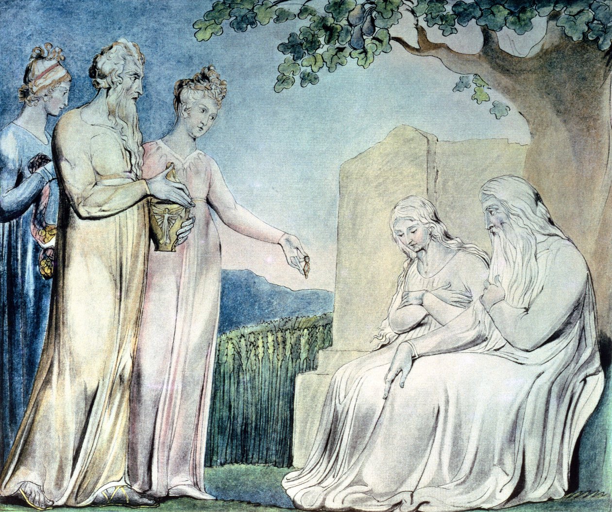 Jób könyvének illusztrációi; Jób elfogadja a jótékonyságot, 1825 (toll, írótoll és ceruza) alkotó: William Blake