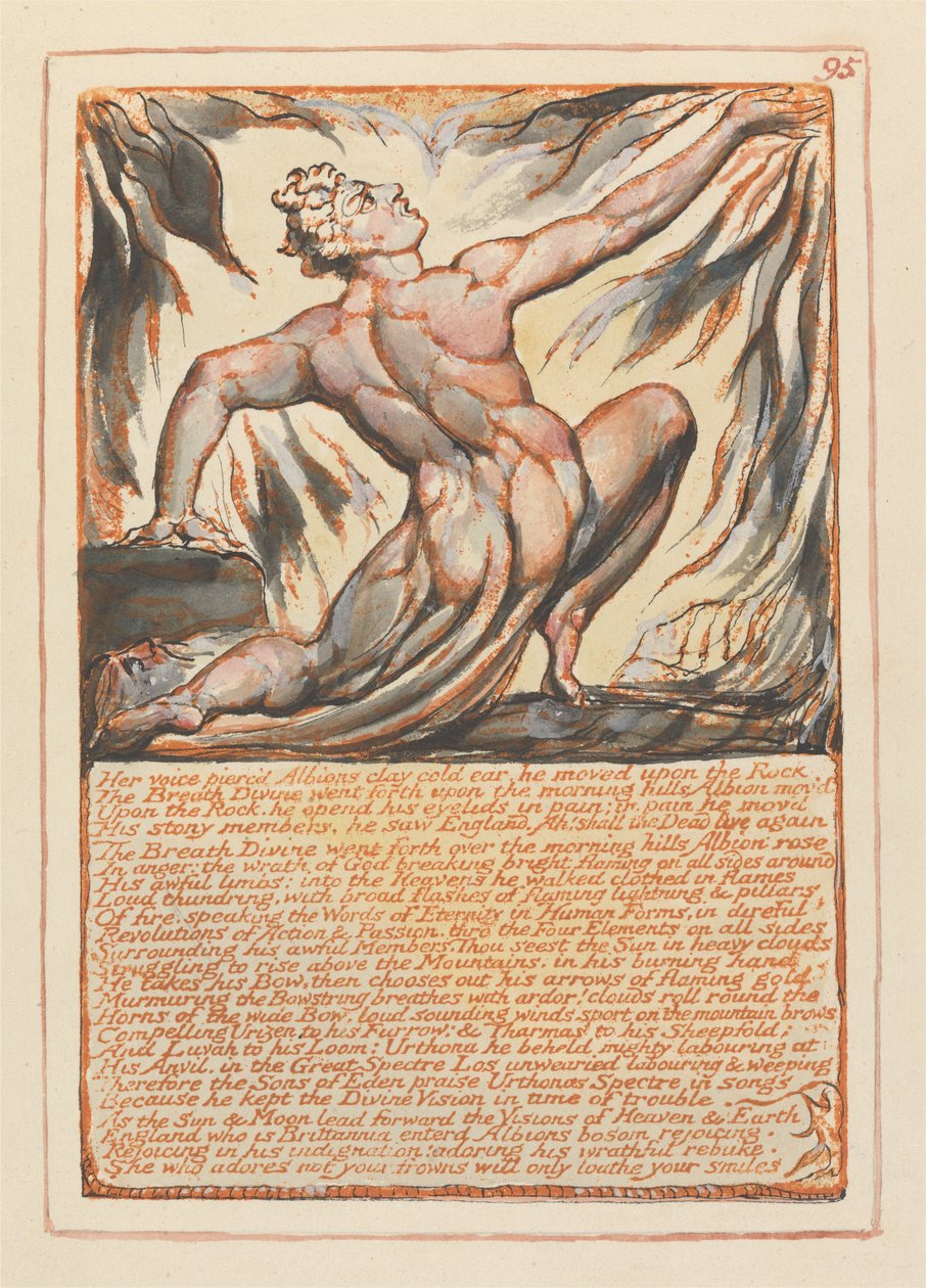 Jeruzsálem, 95. tábla, hangja áttörte Albions agyagos hideg fülét ... alkotó: William Blake