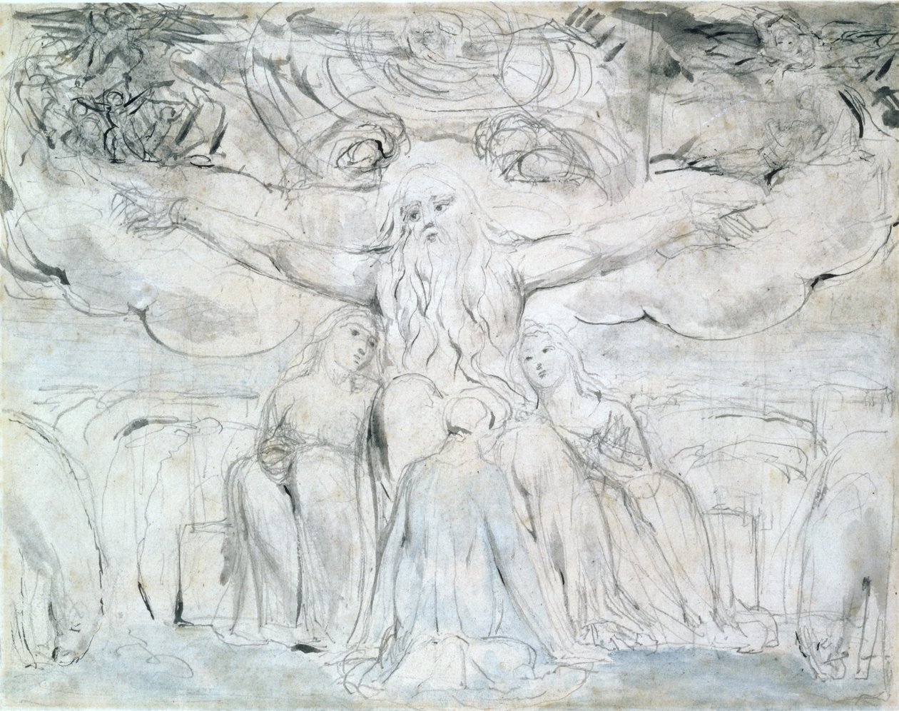 Jób és lányai (ceruza, toll és szürke tinta) alkotó: William Blake