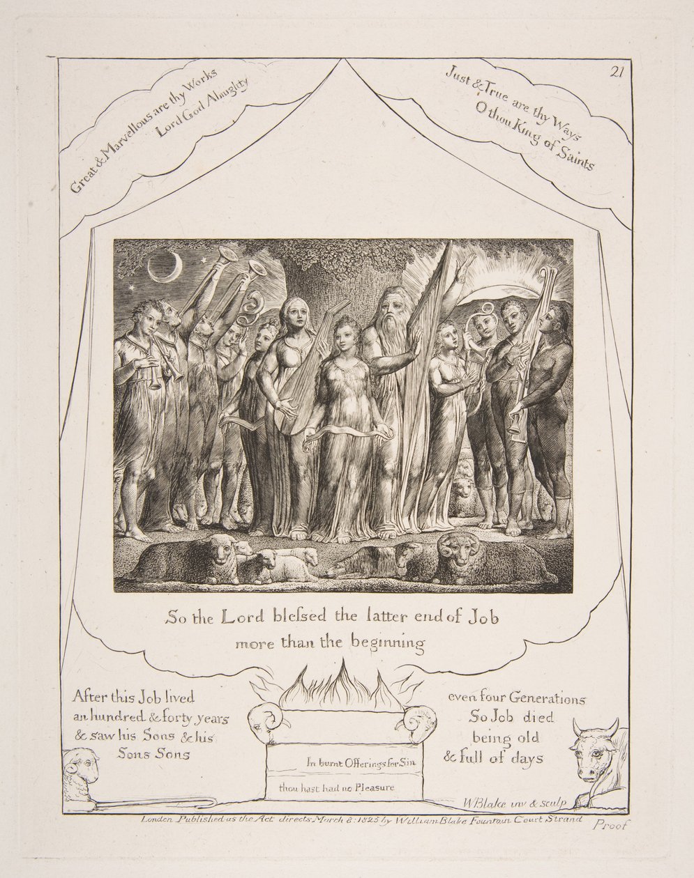 Jób és felesége helyreállították a jólétet, az Illusztrációk Jób könyvéből, 1825–26. alkotó: William Blake