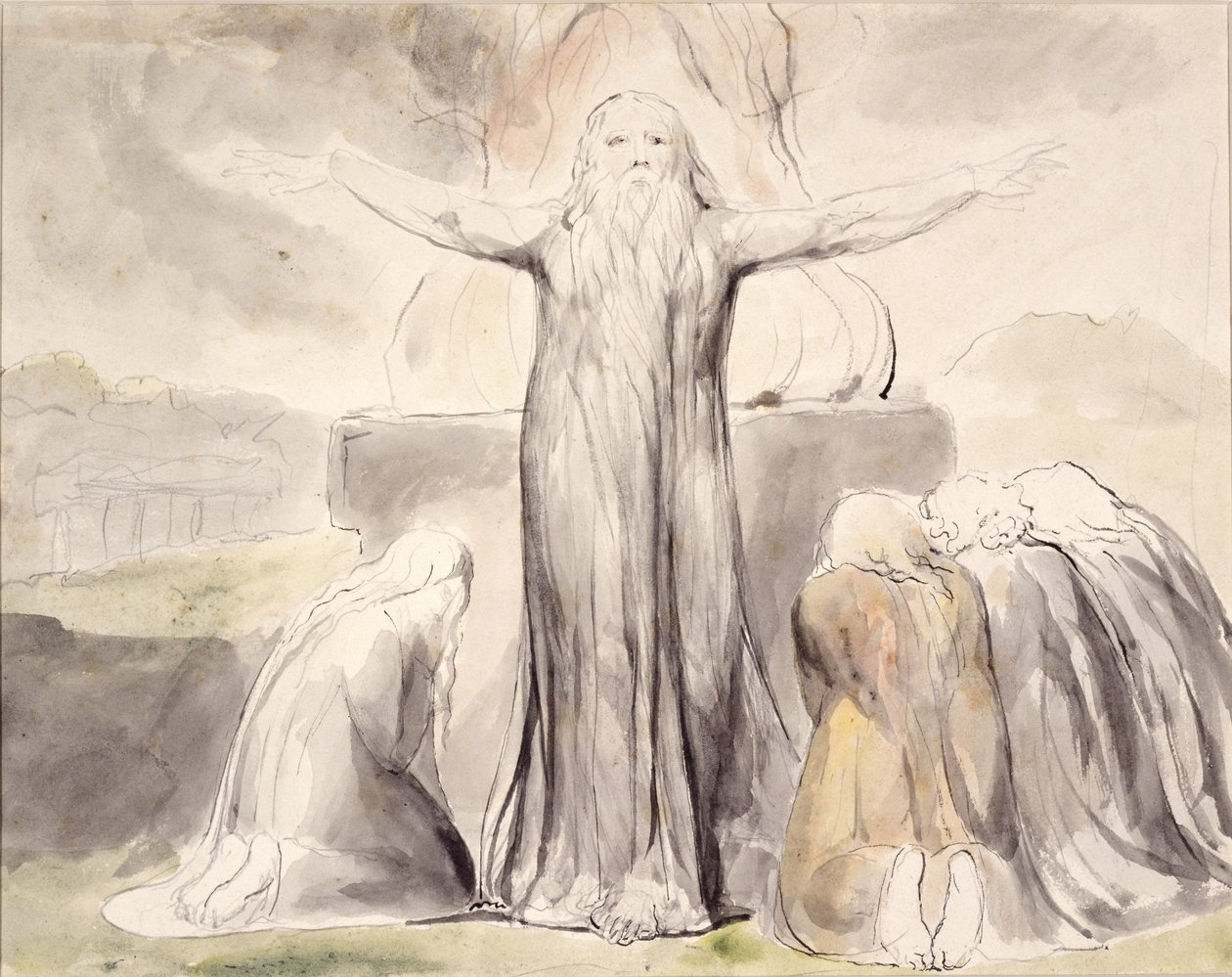 Jób áldozata: És szolgám, Jób imádkozik érted (toll és tinta akvarellel papíron) alkotó: William Blake