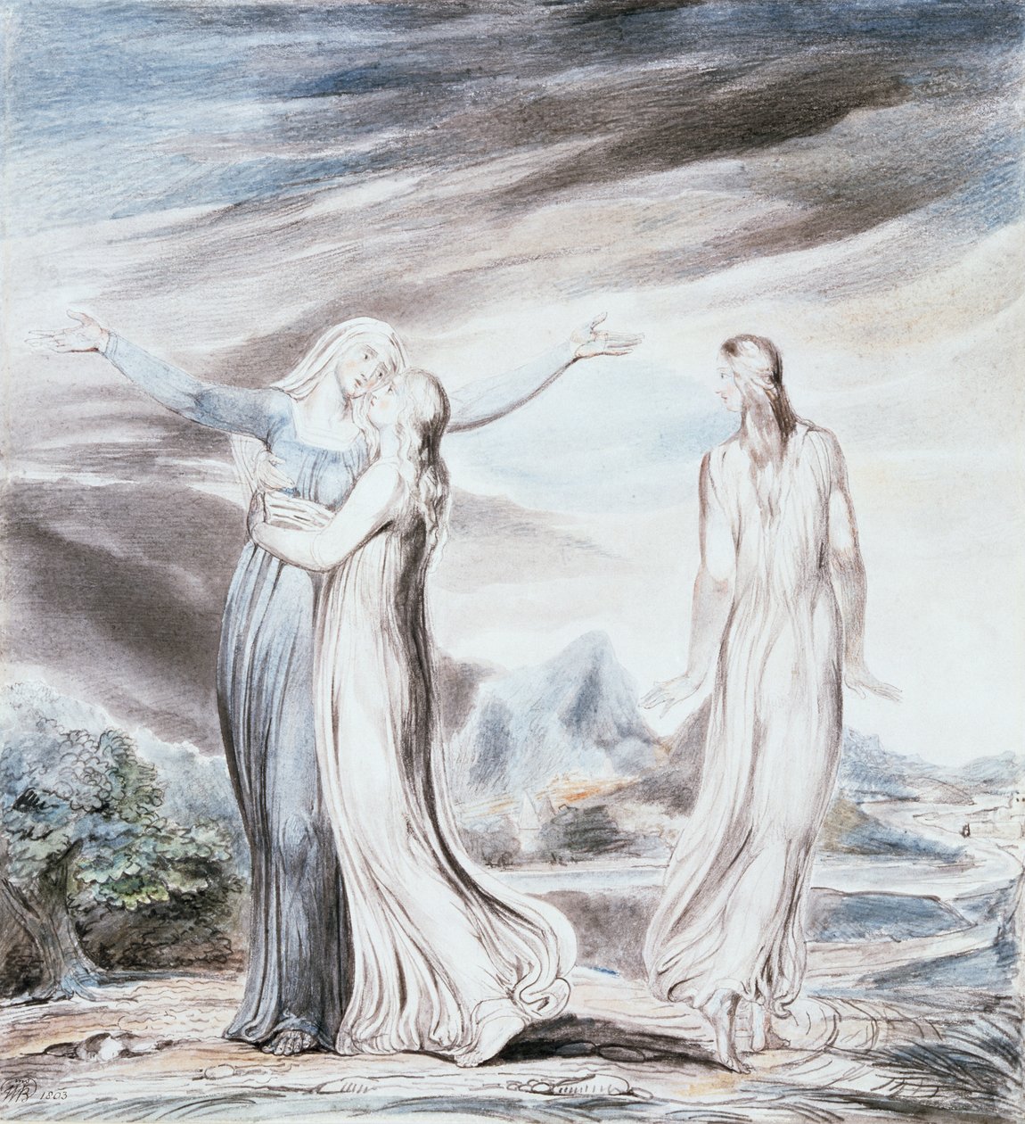 Naomi könyörög Ruthnak és Orpának, hogy térjenek vissza Moáb földjére alkotó: William Blake