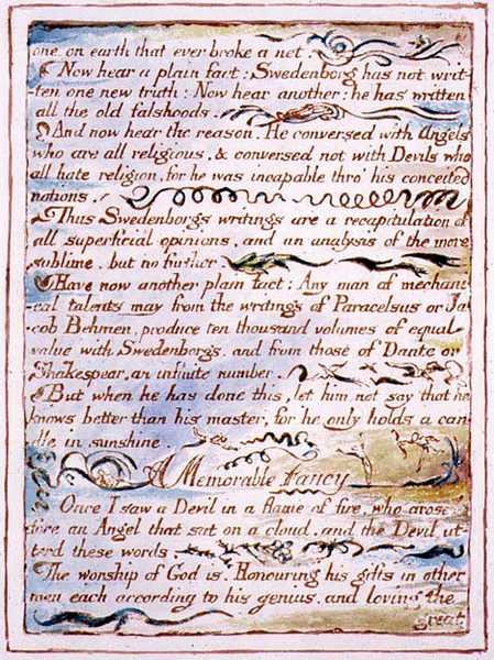 "Egy a földön, aki valaha is eltörte a hálót...", szöveg a "A menny és a pokol házasságából", 1790–1793 körül (domborműves tollal és akvarellel befejezve) alkotó: William Blake