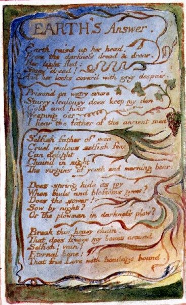 P.125-1950.pt31 A Föld válasza: 31. tábla az Ártatlanság és tapasztalat dalaiból (AA másolat) 1815-26 körül (metszet, tus és akvarell) alkotó: William Blake