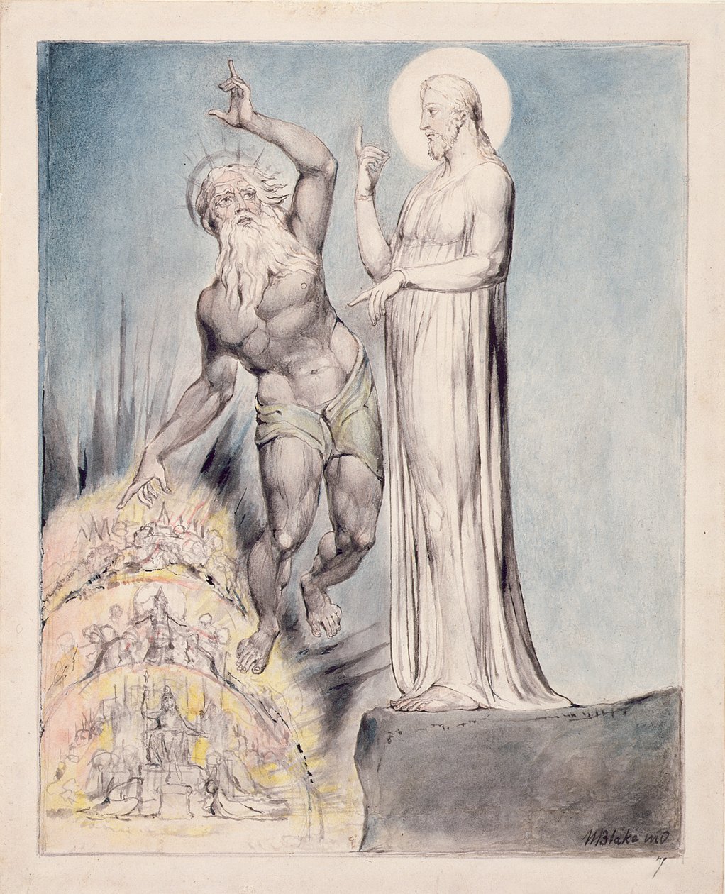 PD.19-1950 A Sátán megkísérti Krisztust a Föld Királyságaival Milton „Reagained Paradise”, III. könyv 251-426. soraiból, 1816-1818 körül (toll és tinta, szürke mosás és WC papíron) alkotó: William Blake