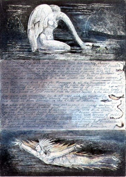 II. tábla, Jeruzsálem, 1804-20 körül. Albion lányait hattyú- és halszerű lények ábrázolják. alkotó: William Blake