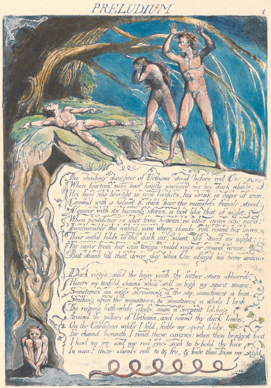 Präludium. "Die schattenhafte Tochter von Urthona stand vor dem roten Orc..." (Platte 3) alkotó: William Blake