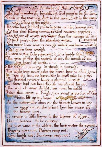 Példabeszédek a pokolról, szöveg a Menny és pokol házasságából, 1790-3 körül (dombormetszet, tollal és vízfestékkel befejezve). alkotó: William Blake