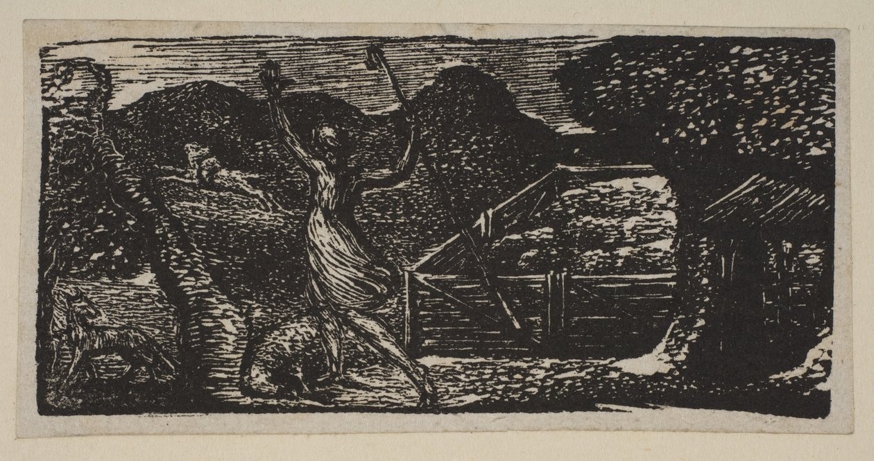 Pásztor kerget el egy farkast, a Thorntons Pastorals of Vergil-ből, 1821. alkotó: William Blake