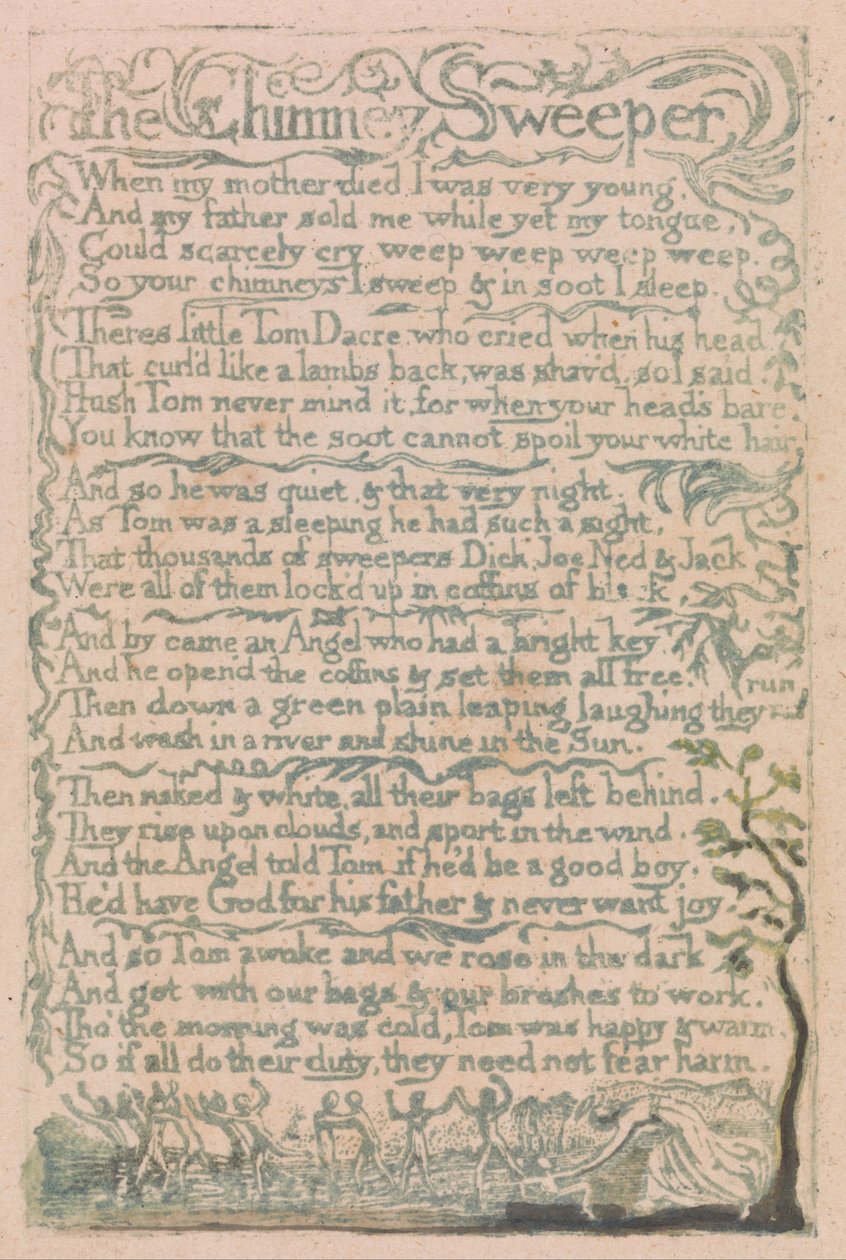 Az ártatlanság és az élmény dalai, 10. tányér, A kéményseprő (Bentley 12) alkotó: William Blake