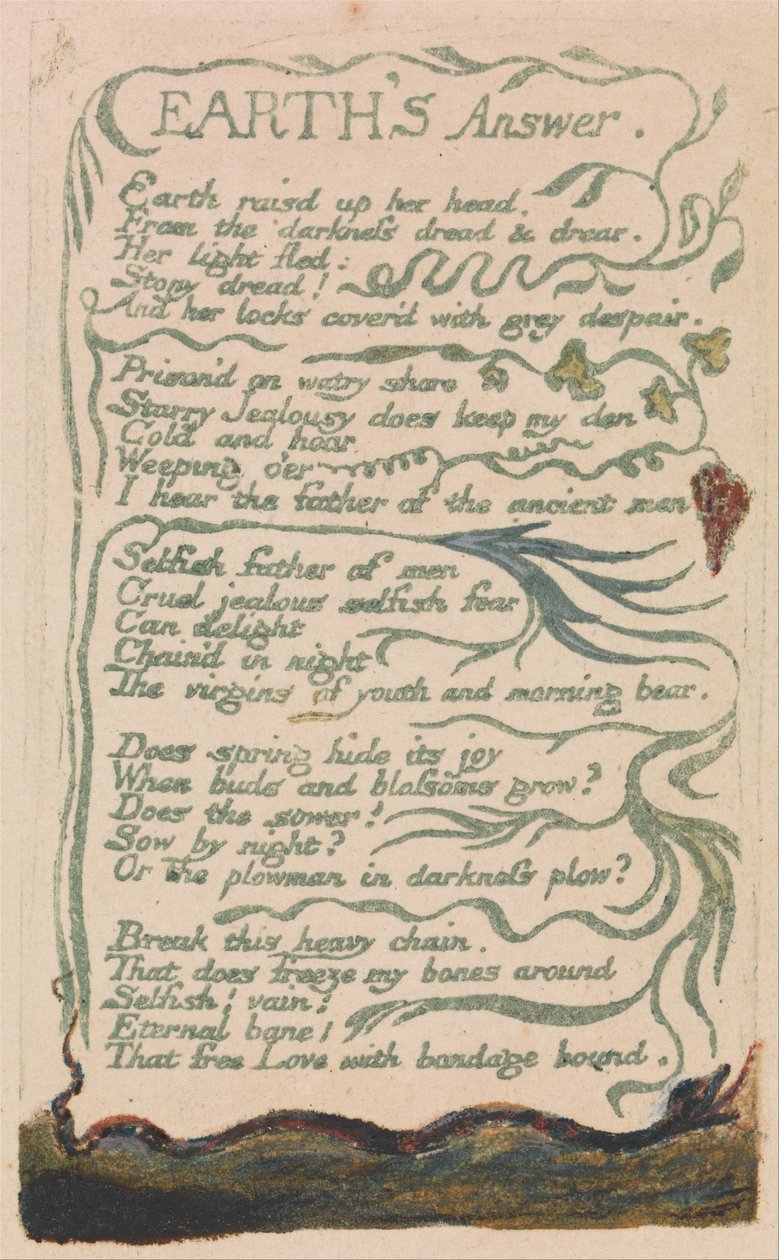 Songs of Inocence and of Experience, 35. tábla, A Föld válasza (Bentley 31.) alkotó: William Blake