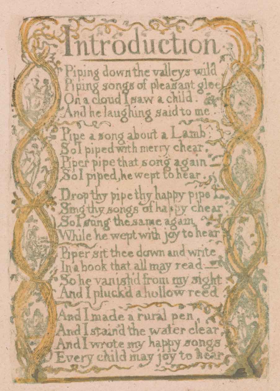 Songs of Inocence and of Experience, 3. tábla, "Bevezetés" (Bentley 4) alkotó: William Blake