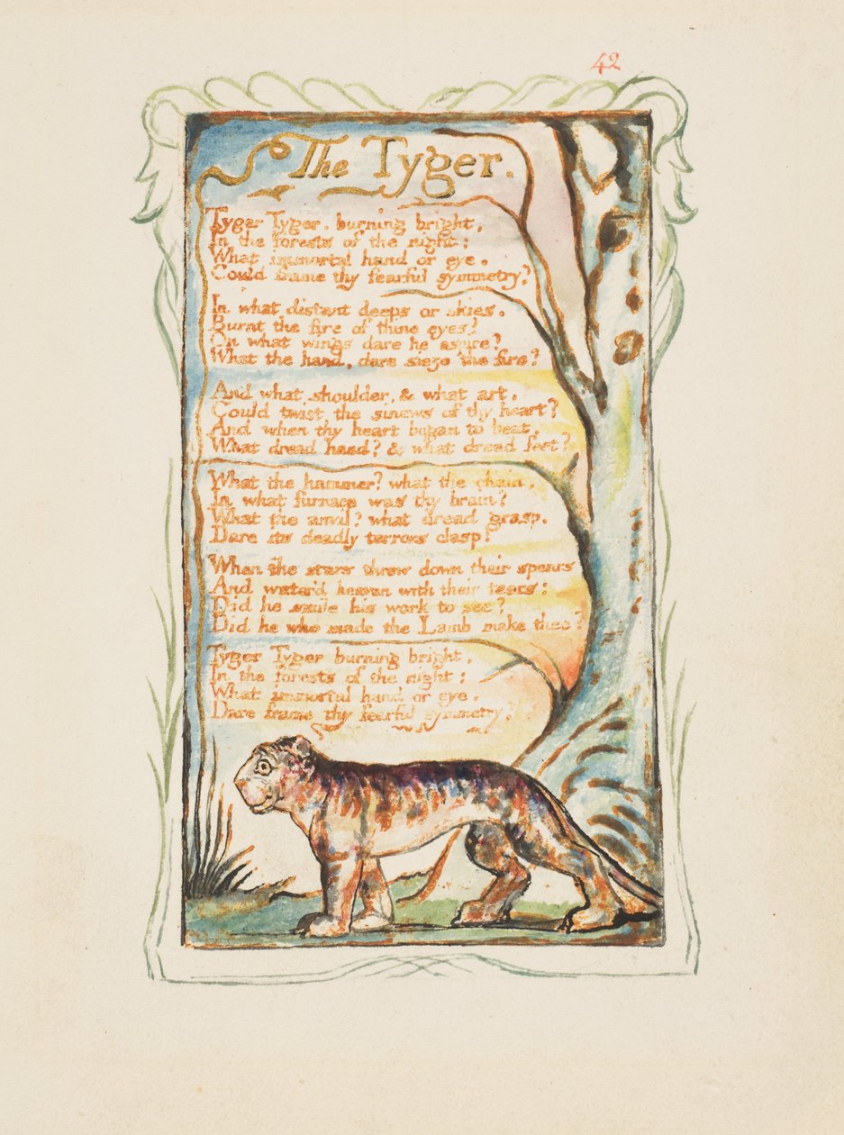 Dalok az ártatlanságról és az élményről: The Tyger, 1825 körül (barna tintával, kézzel festett vízfestékkel) alkotó: William Blake