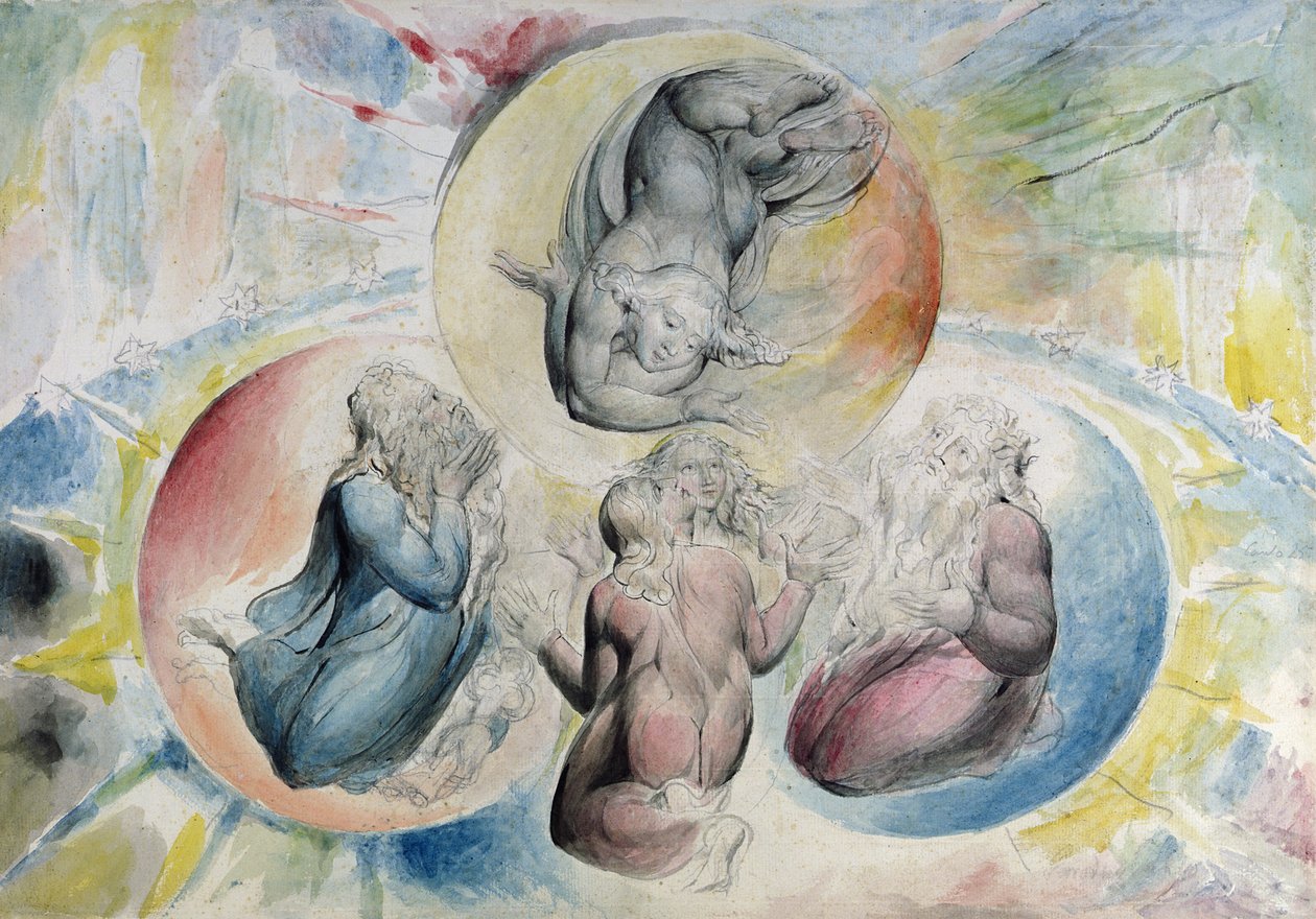 Szent Péter, Szent Jakab, Dante és Beatrice Szent Jánossal szintén Dante Alighieri "Isteni komédiájából" 1824-27 (toll, tinta és akvarell ceruzával, papírra). alkotó: William Blake