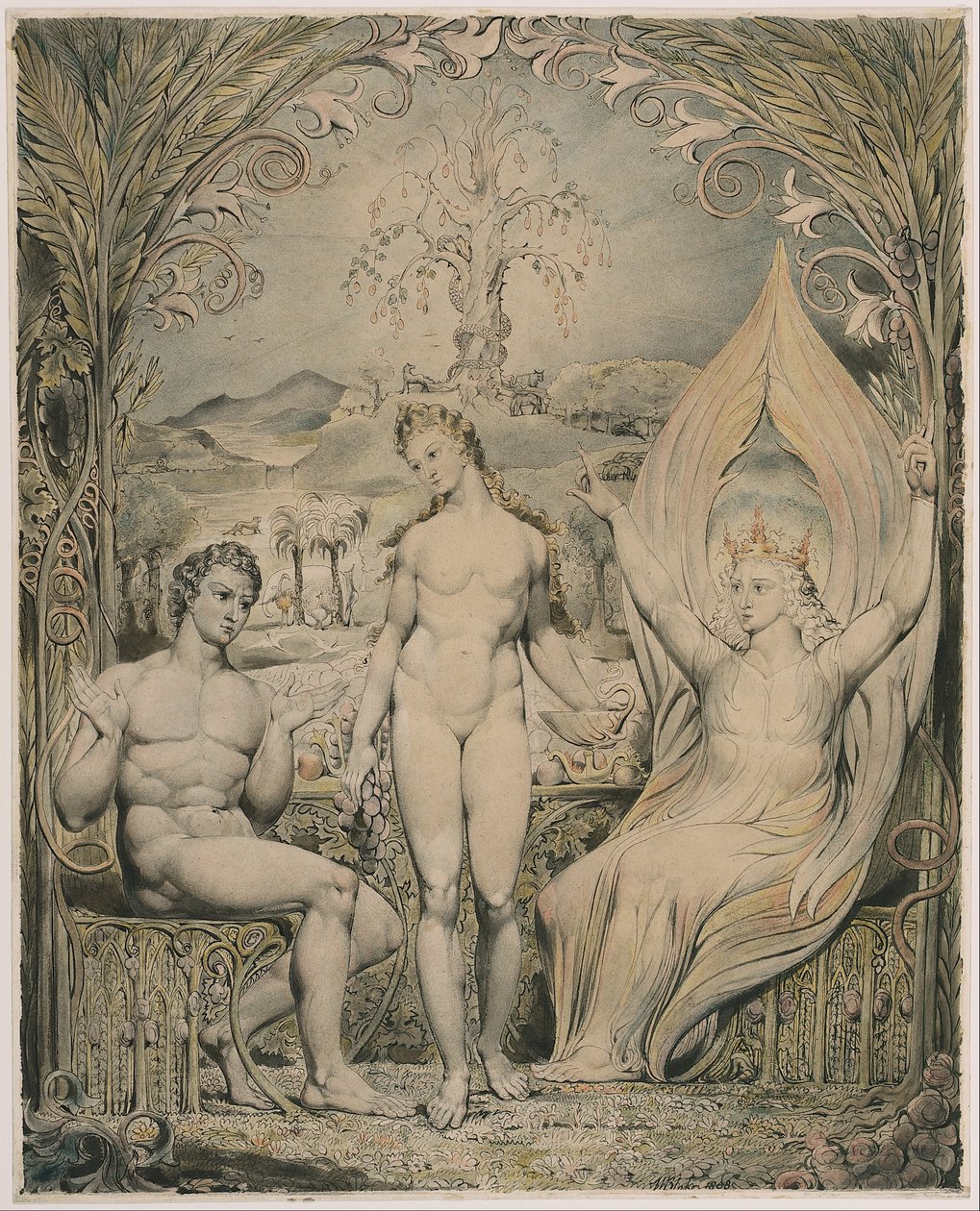 Rafael arkangyal Ádámmal és Évával (illusztráció Milton „Elveszett paradicsom” című művéhez) alkotó: William Blake
