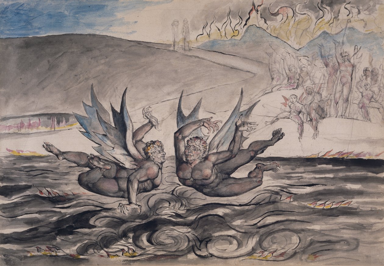 A zavart ördögök harca, Dante Alighieri „The Divine Comedy” című művének „Inferno” illusztrációja alkotó: William Blake