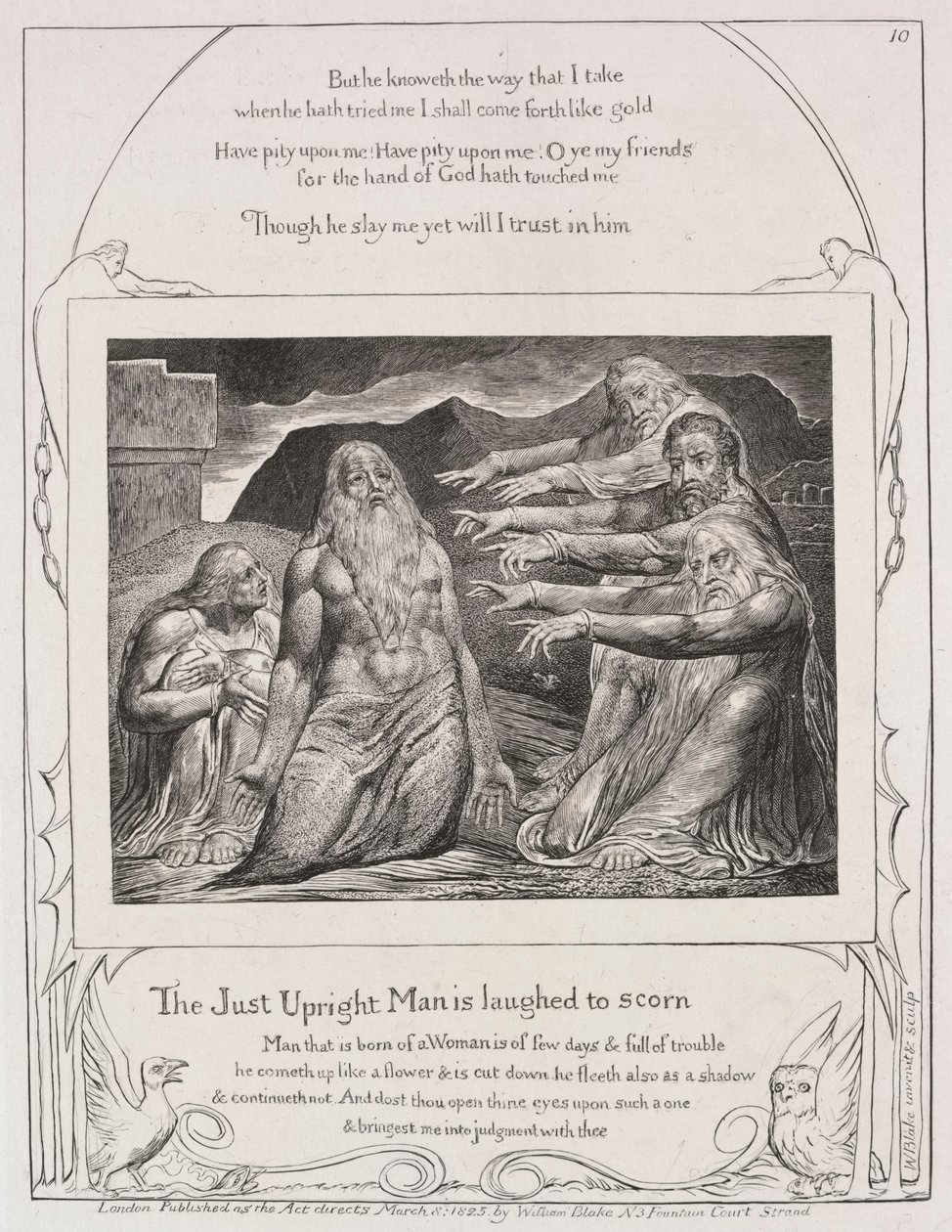 Jób könyve: Pl. 10, Az igazságos embert gúnyosan kinevetik, 1825. alkotó: William Blake
