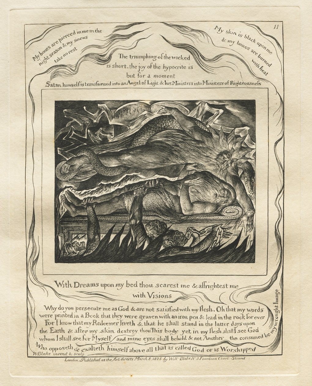 Jób könyve: Pl. 11, Álmokkal az ágyamon megijesztesz és megrémítesz / látomásokkal alkotó: William Blake