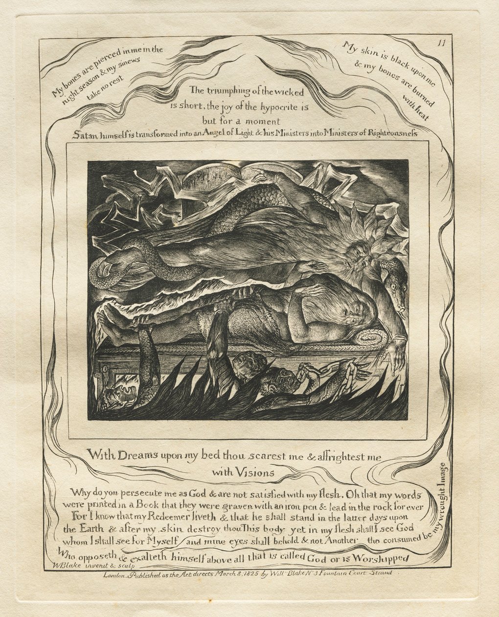 Jób könyve: Pl. 11, Álmokkal az ágyamon megijesztesz és megrémítesz..., 1825. alkotó: William Blake