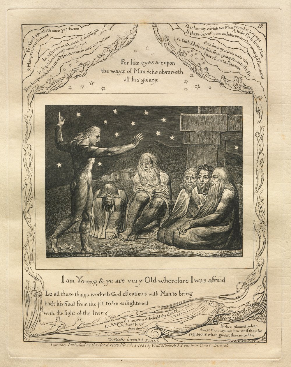 Jób könyve: Pl. 12, Én fiatal vagyok, ti pedig nagyon öregek vagytok, ezért féltem, 1825. alkotó: William Blake