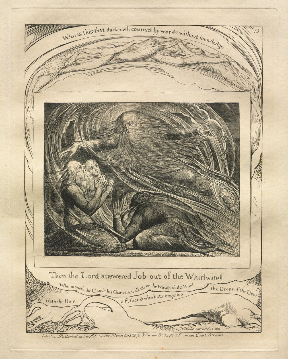Jób könyve: Pl. 13, Akkor az Úr válaszolt Jóbnak a forgószélből alkotó: William Blake