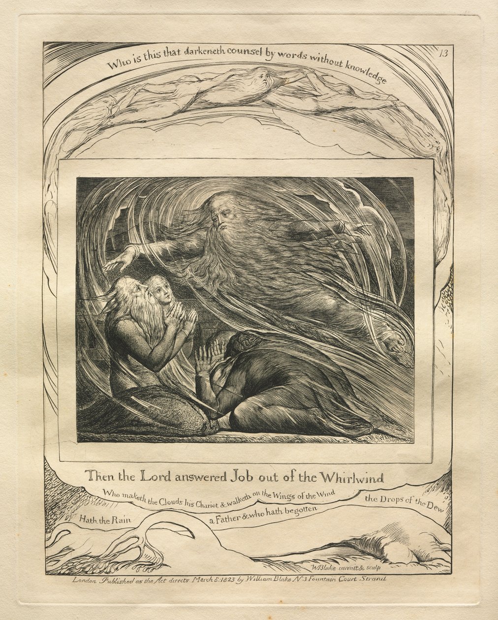 Jób könyve: Pl. 13, Akkor az Úr válaszolt Jóbnak a Forgószélből, 1825. alkotó: William Blake