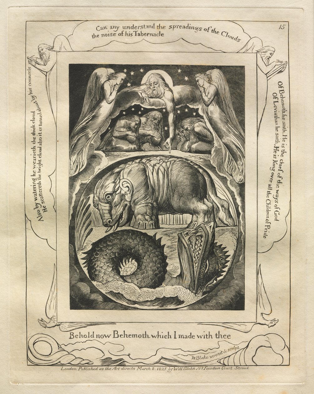 Jób könyve: Pl. 15, Íme, Behemót, amelyet veled készítettem alkotó: William Blake