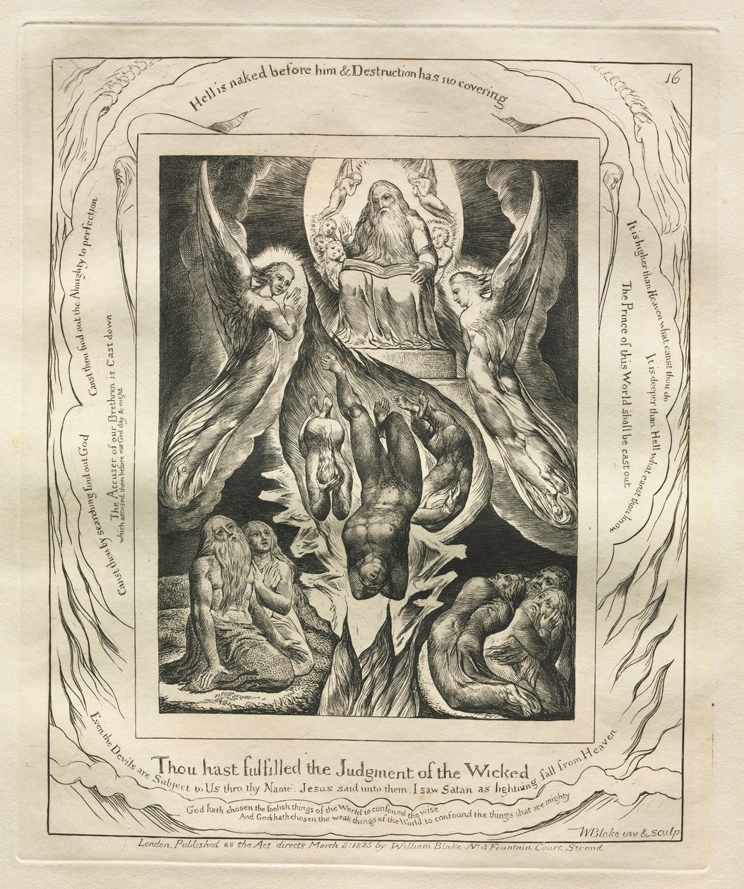 Jób könyve: Pl. 16, Beteljesítetted a gonoszok ítéletét, 1825. alkotó: William Blake